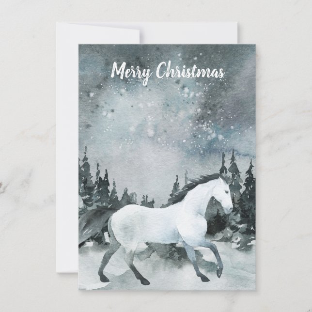 Tarjeta Winter Woodland Forest White Horse Feliz Navidad (Anverso)