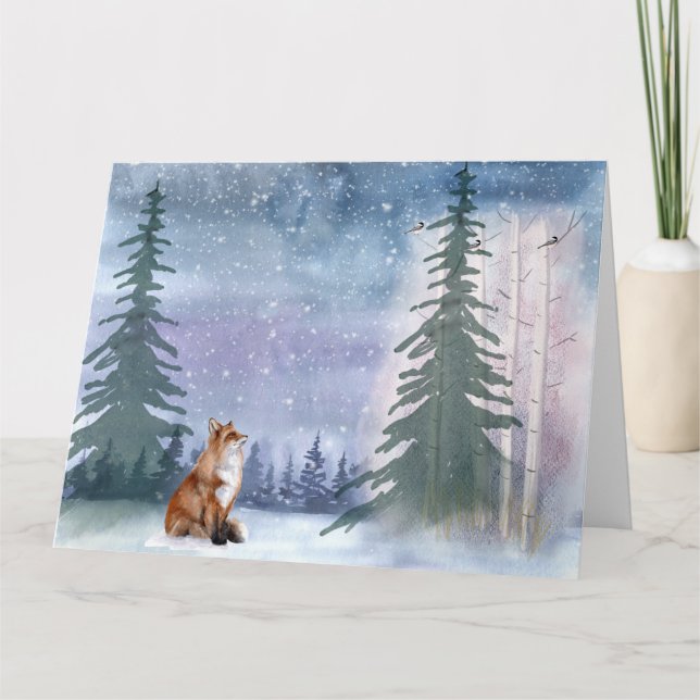 Tarjeta Winter Woodland Snowy Fox & Bird (Anverso)