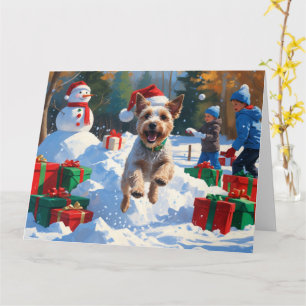 Tarjeta Wire Fox Terrier corriendo en la nieve con sombrer