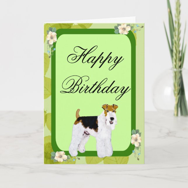 Tarjeta Wire Fox Terrier - Diseño de hojas verdes (Anverso)