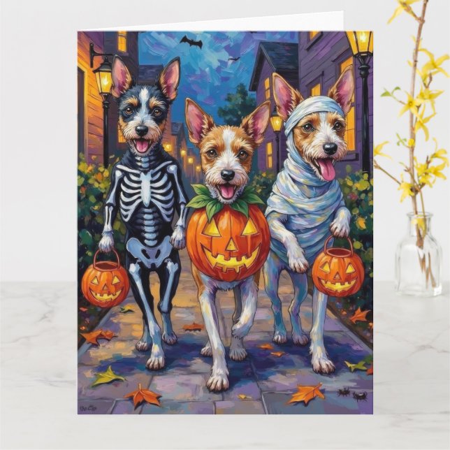 Tarjeta Wire Fox Terrier Trick-or-Treating Halloween  (flor amarilla)