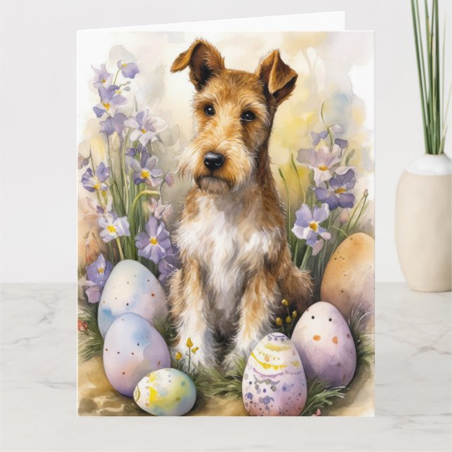 Tarjeta Wirefox Terrier Dog Con Fiesta De Huevos De Pascua (Anverso)