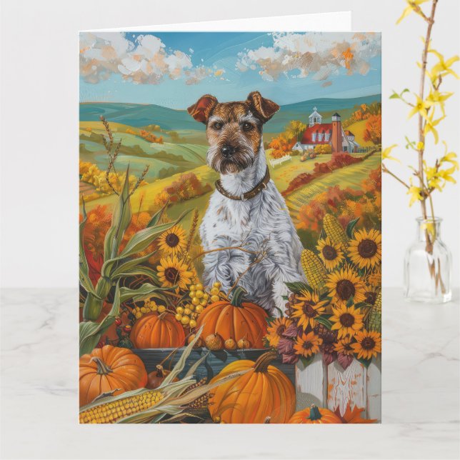Tarjeta Wirefox Terrier Dog otoño Harvest Acción de Gracia (flor amarilla)
