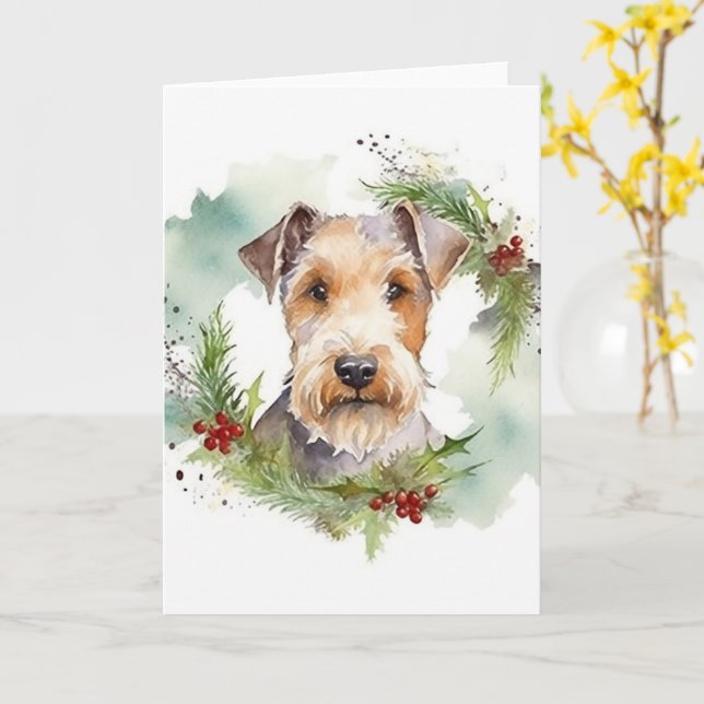 Tarjeta Wirefox Terrier Navidades Wreath Festive Pup (flor amarilla)