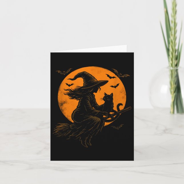 Tarjeta Witch And Cute Cat Black Kitten For Halloween Cost (Anverso)