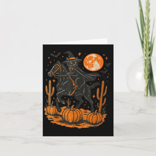 Tarjeta Witch Black Cat Riding Horse Halloween Pumpkin Moo (Anverso)