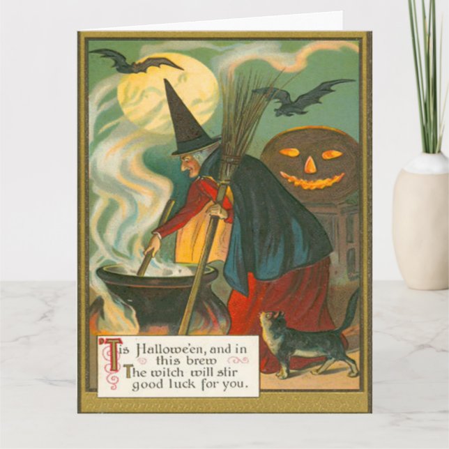 Tarjeta Witch Broom Cauldron Jack O Lantern Bat Cat (Anverso)