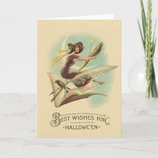 Tarjeta Witch Broom Crescent Moon Book Raven (Anverso)