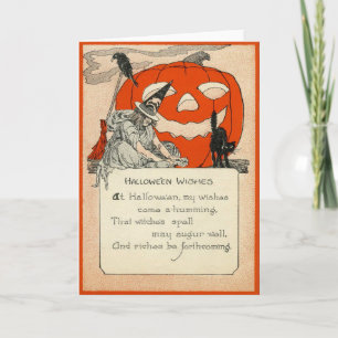 Tarjeta Witch Jack O Lantern Black Cat Raven
