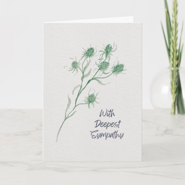 Tarjeta With Deepest Sympathy – Green Thistle Watercolor (Anverso)