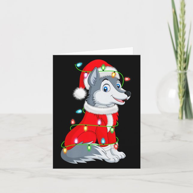 Tarjeta Wolf Christmas Lights Santa Costume Cute Animal Xm (Anverso)