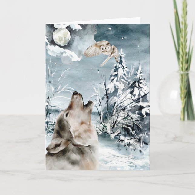 Tarjeta Wolf Moon Winter Landsch Watercolor Holiday (Anverso)