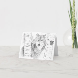 Tarjeta Wolf Peering a través de los árboles birch