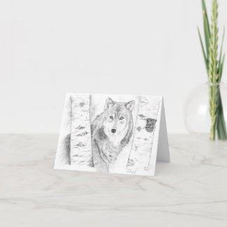 Tarjeta Wolf Peering a través de los árboles birch