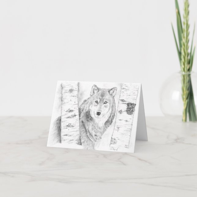 Tarjeta Wolf Peering a través de los árboles birch (Anverso)