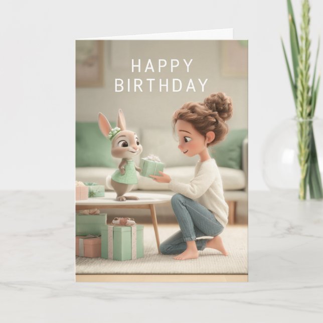 Tarjeta Woman & Baby Bunny in Mint Green Dress Birthday (Anverso)