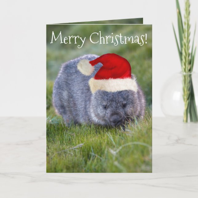 Tarjeta Wombat Australia Red Santa Hat Feliz Navidad (Anverso)