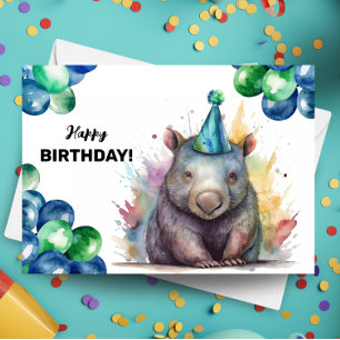 Tarjeta Wombat con globos y Gorra Fiesta feliz cumpleaños