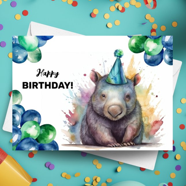 Tarjeta Wombat con globos y Gorra Fiesta feliz cumpleaños (Subido por el creador)