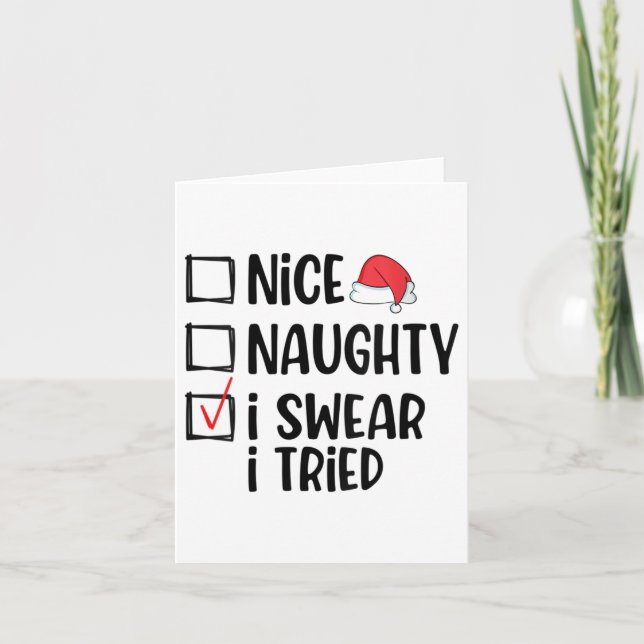 Tarjeta Womens Nice Naughty I Swear I Tried Christmas List (Anverso)