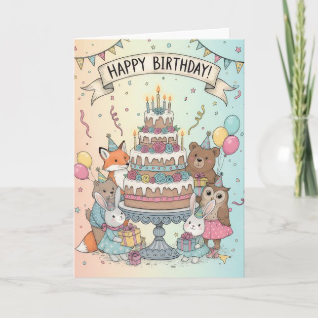 Tarjeta Woodland Animal Birthday Party Card (Anverso)
