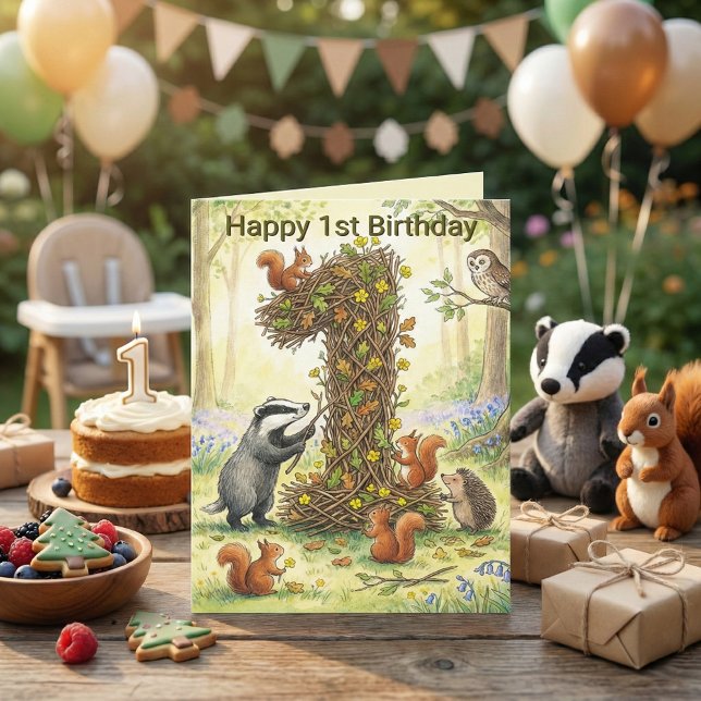 Tarjeta Woodland Animals Number 1 | First Birthday Photo (Woodland Animals Number 1 | First Birthday Photo Card. Badger Squirrel Owl Forest Storybook Art)