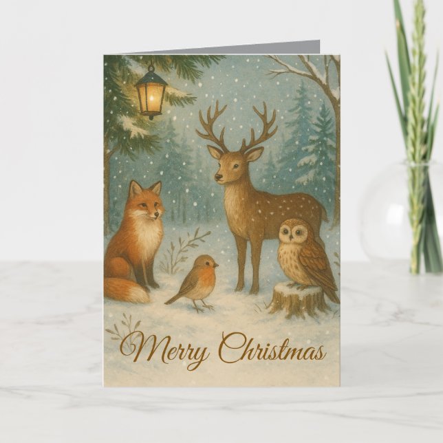 Tarjeta Woodland Creatures Cozy Christmas Custom Name (Anverso)