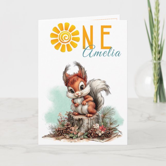 Tarjeta Woodland Forest Squirrel First Birthday Card (Anverso)