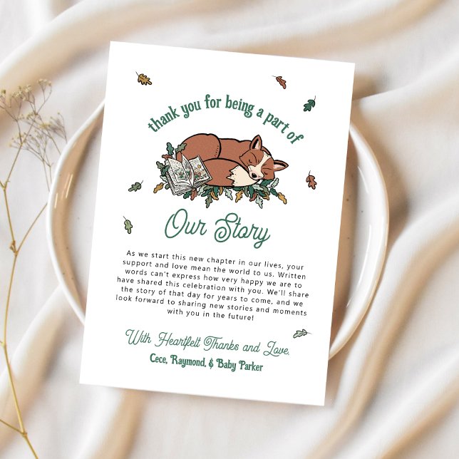Tarjeta Woodland Fox Storybook Baby Shower Gracias ("Our Story" Woodland Fox Baby Shower Thank You Cards)
