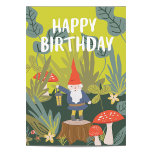 Tarjeta Woodland Gnome Birthday Wires<br><div class="desc">Ilustracion temática verde y rojo de los bosques diseñado por Shelby Allison con un pequeño personaje gnomo,  hongos,  flores y follaje.</div>