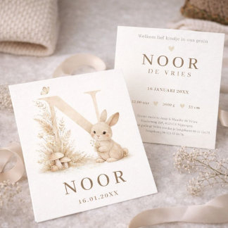 Tarjeta Woodland Konijntje Monogram N Neutraal Geboorte