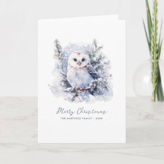 Tarjeta Woodland Pine Owl Merry Christmas plegado (Anverso)