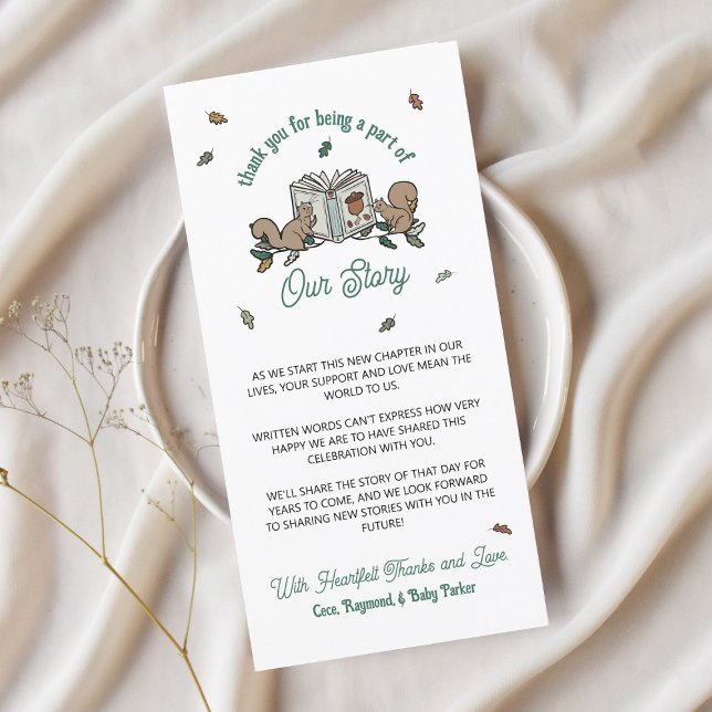 Tarjeta Woodland Squirrels Libro Baby Shower Gracias (Baby shower thank you cards with personalized message for woodland storybook theme.)