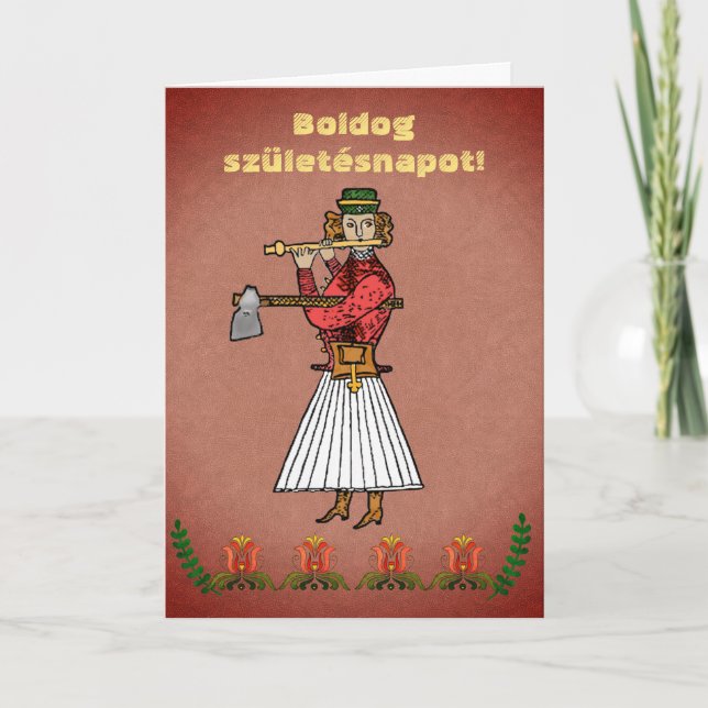 Tarjeta Woodsman de Arte Folclórico Húngaro Feliz cumpleañ (Anverso)