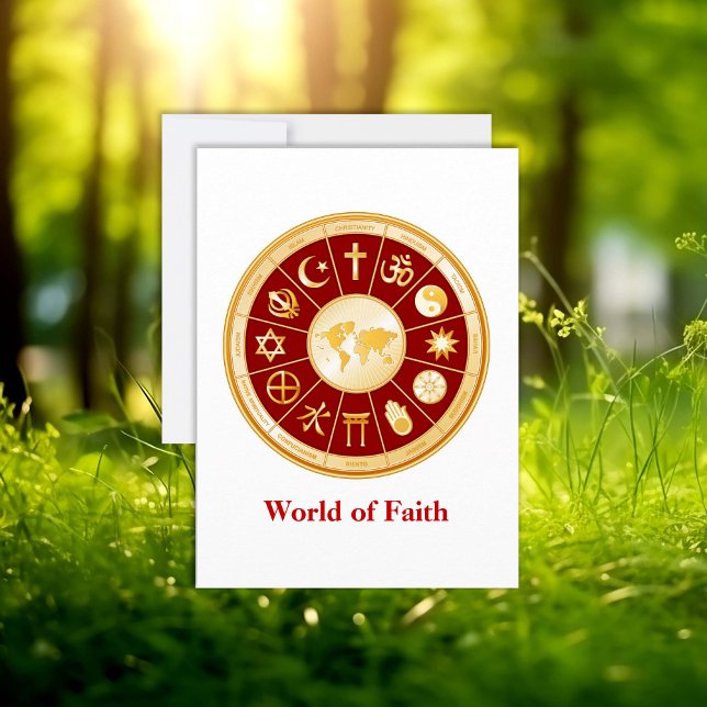 Tarjeta World of Faith Flat Greeting Card (World of Faith Flat Greeting Card, 5.5" x 7.5". Gold symbols of international religions. )