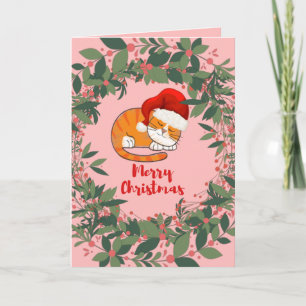 Tarjeta Wreath, color de agua del gato, deja bayas rojas
