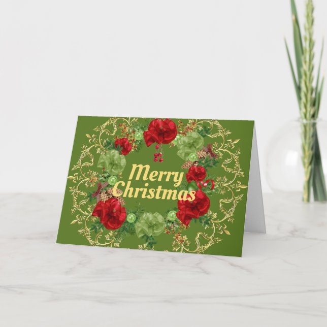 Tarjeta Wreath de vacaciones con borde de oro (Anverso)