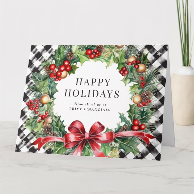 Tarjeta Wreath Holly Berries Black Plaid vacaciones de neg (Anverso)