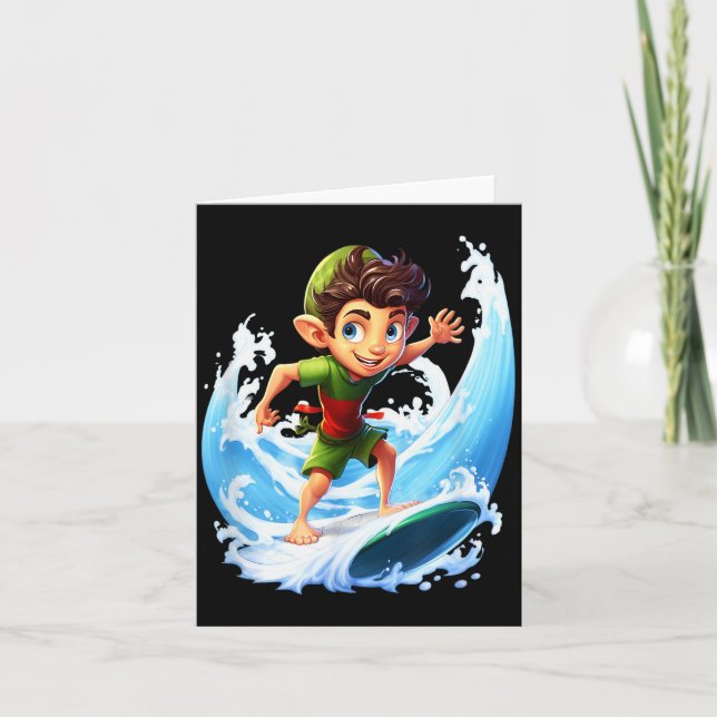 Tarjeta X-mas Christmas Elf Riding Surfboard Surfboard  (Anverso)
