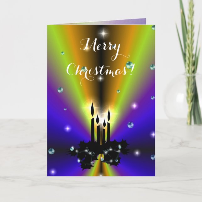 Tarjeta Xmas Artdeco sobre el arco iris amarillo morado (Anverso)