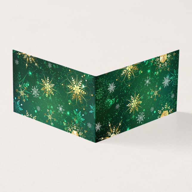 Tarjeta Xmas copos de nieve dorados sobre fondo verde (Exterior)
