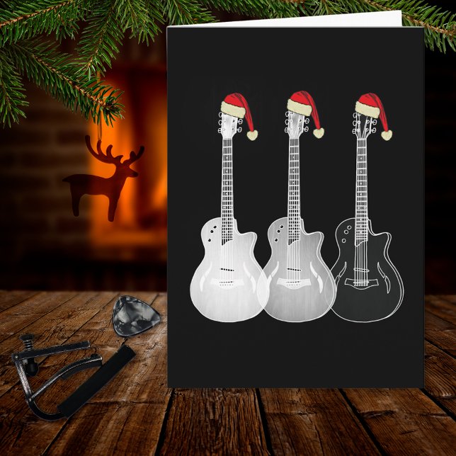 Tarjeta Xmas Guitar Santa Black y White (Cool guitar Black and white music themed holiday card)