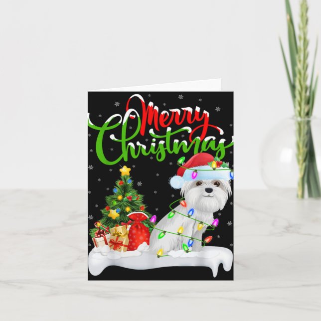 Tarjeta Xmas Tree Lights Santa Hat Maltese Dog Christmas T (Anverso)
