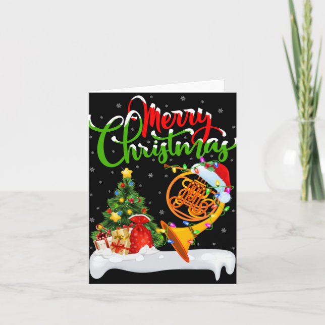 Tarjeta Xmas Tree Lights Santa Hat Musical French Horn Chr (Anverso)