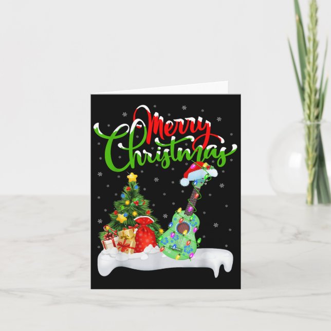 Tarjeta Xmas Tree Lights Santa Hat Musical Ukulele Guitar  (Anverso)