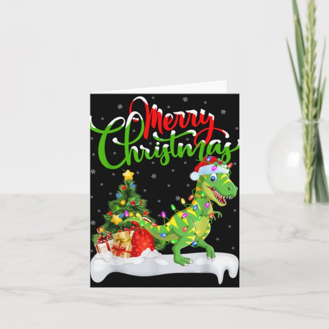 Tarjeta Xmas Tree Lights Santa Hat T Rex Dinosaur Christma (Anverso)