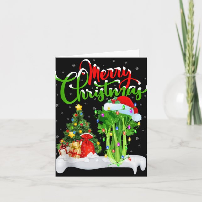Tarjeta Xmas Tree Lights Santa Hat Vegetable Celery Christ (Anverso)