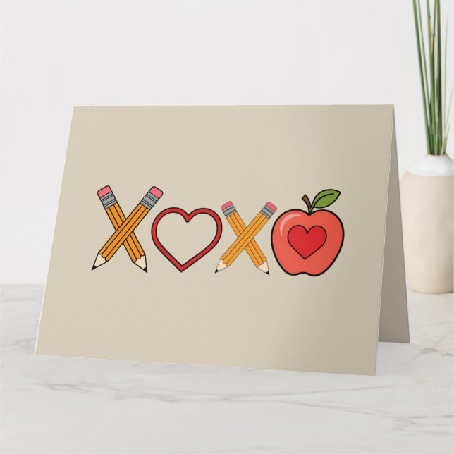 Tarjeta XOXO Profesor Día de San Valentín Lápiz y Manzana (Anverso)