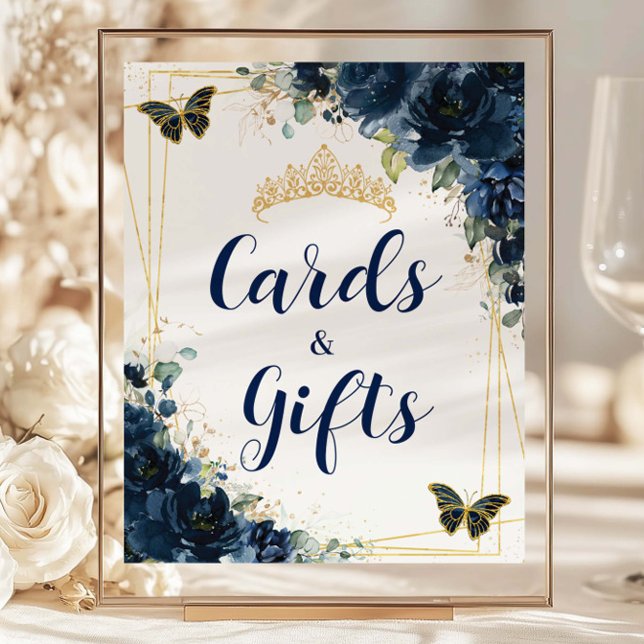 Tarjeta y regalo de Quinceañera floral azul de la  (navy-blue-floral-butterflies-gold-quinceanera-sweet-16-birthday-party-cheap-card-and-gift-sign)