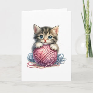 Tarjeta Yarn azul rosado y saludo en blanco gatito con ojo